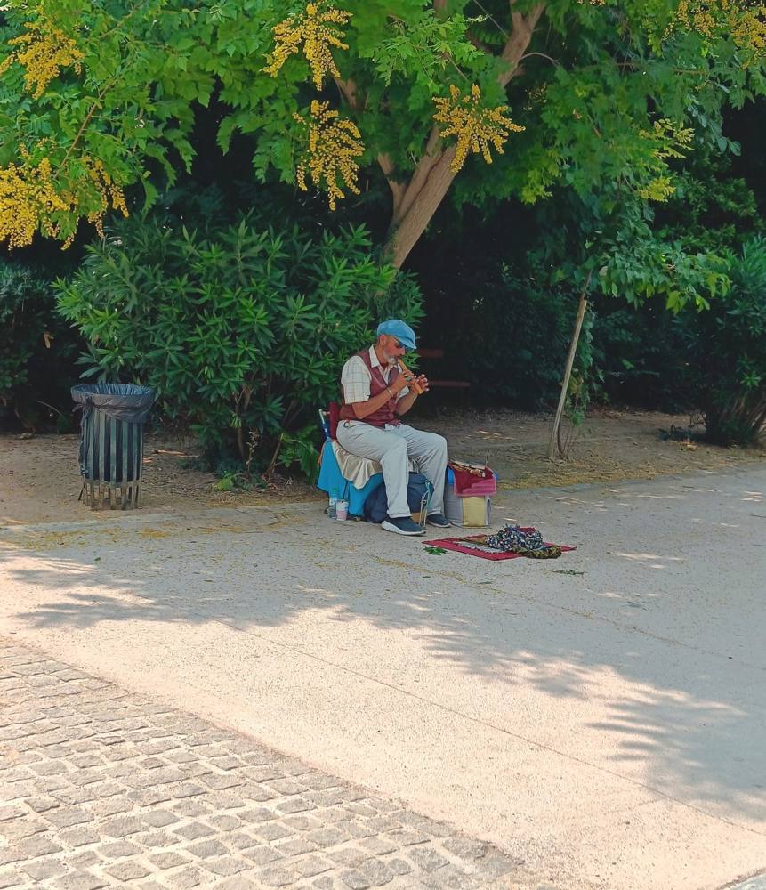 A man sitting alone in the shade of a tree in a dusty public square
